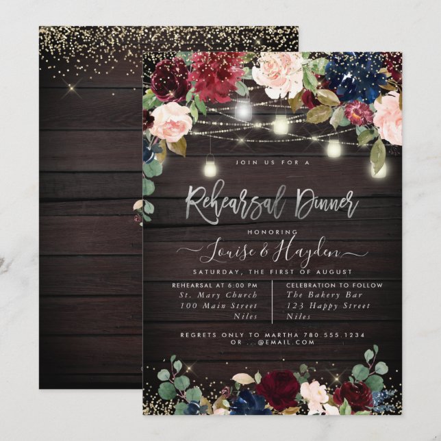 Rustika Burkar För Bröllopsmiddag Med Ljussträngar Inbjudningar (Fram/baksida)