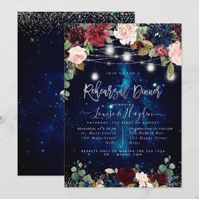 Rustika Burkar För Rehearsal Middag Ljussträngar Inbjudningar (Fram/baksida)