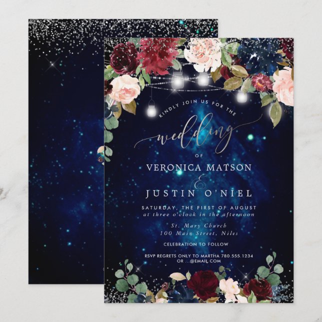 Rustika Burkar Midnatthimmel Vinröda Blommor Inbjudningar (Fram/baksida)