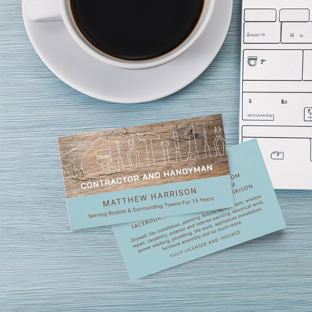 Rustika Bygg Hantverkarverktyg Trä Visitkort (Rustic Construction Handyman Tools Wood Business Card)