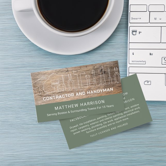 Rustika Bygg Hantverkarverktyg Trä Visitkort (Rustic Construction Handyman Tools Wood Business Card)