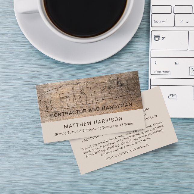 Rustika Bygg Hantverkarverktyg Trä Visitkort (Rustic Construction Handyman Tools Wood Business Card)