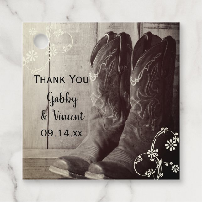 Rustika cowboy boots västliga blommiga bröllop gåvor etiketter (Framsida)