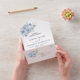 rustika dammiga blå akvarellblommor & blad