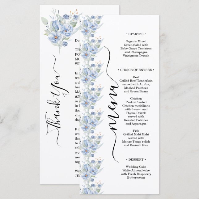 rustika dammiga blå akvarellblommor & blad meny (Fram/baksida)