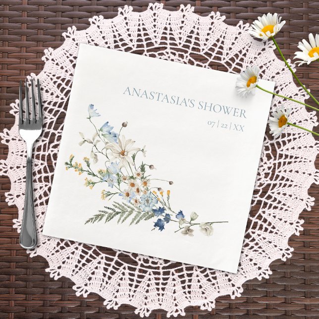Rustika dammiga blå vildblommor & tusenskönor dusc pappersservett (Skapare uppladdad)