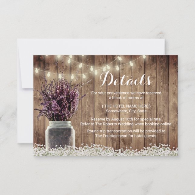 Rustika detaljer för bröllop i lila blommor i mura inbjudningar (Framsida)