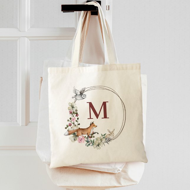 Rustika Djur i Skogen Blommig Brudtärna Monogram Tygkasse (Rustic Forest Animals Floral Bridesmaid Monogram Tote Bag)
