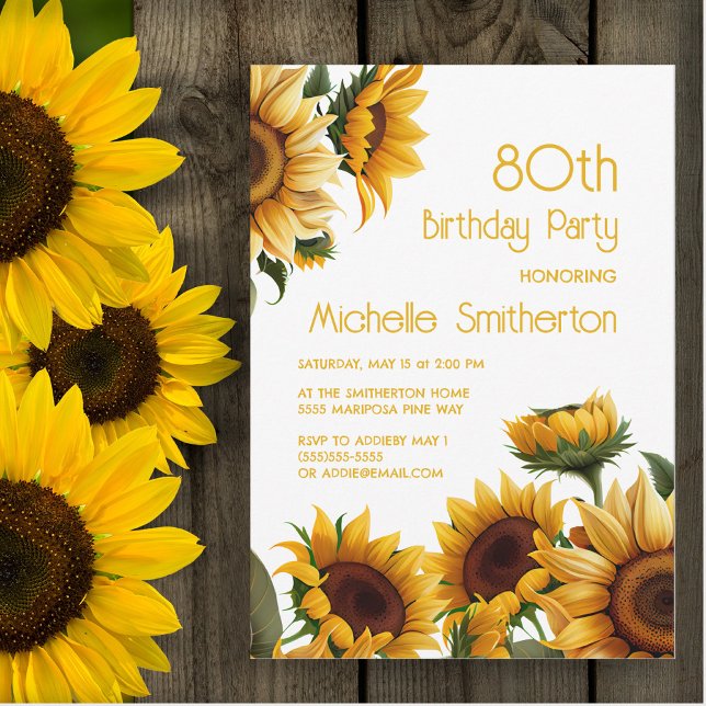 Rustika Eleganta Solrosor 80-årsdag Inbjudningar (Sunflowers on white 80th birthday party invitation)