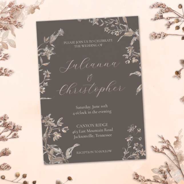 Rustika Eleganta Vildblommor Mocha Script Bröllop Inbjudningar (Skapare uppladdad)