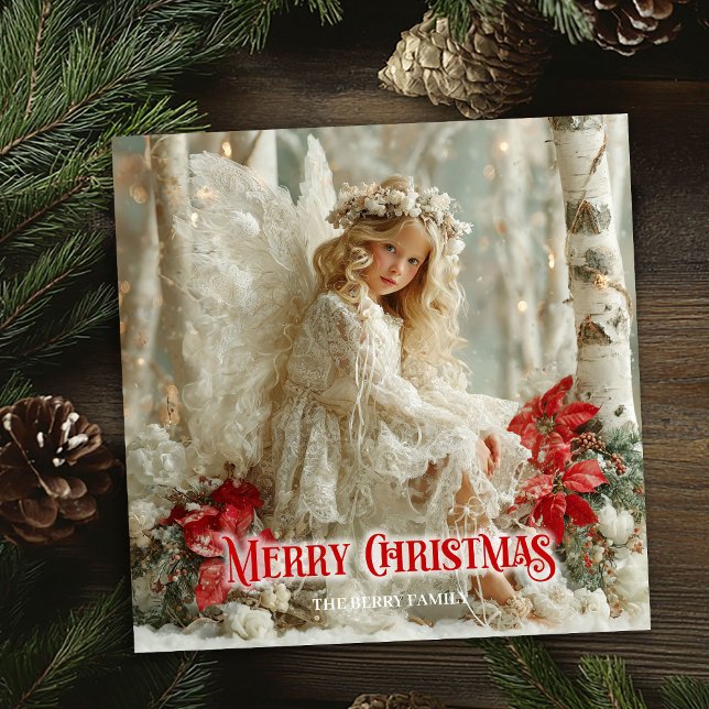 Rustika engel röda julstjärnor säsong  julkort (Rustic beautiful angel red poinsettias seasonal card)