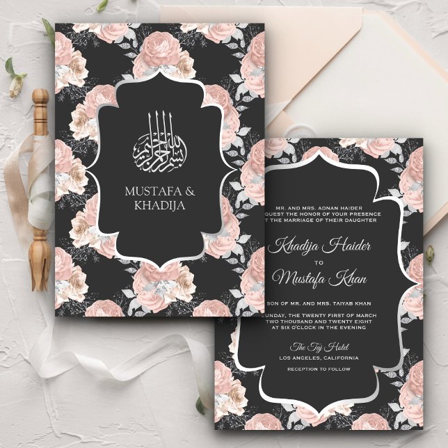 Rustika grå och rosablommiga rosor Muslimska bröll Inbjudningar (Skapare uppladdad)