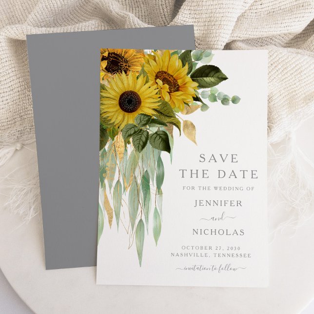 Rustika grå solrosor blommig spara datumet (Elegant Greenery Sunflower Wedding Save The Date)