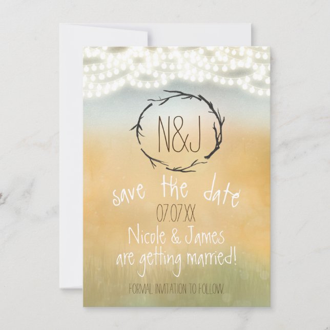 Rustika Grenar Krans & Strängljus Spara Datum Inbjudningar (Framsida)