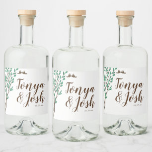 Rustika Grenar och Grönska Kärleksfåglar Bröllop Spritflaskor Etikett