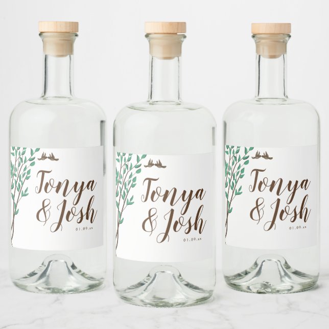 Rustika Grenar och Grönska Kärleksfåglar Bröllop Spritflaskor Etikett (Flaskor)