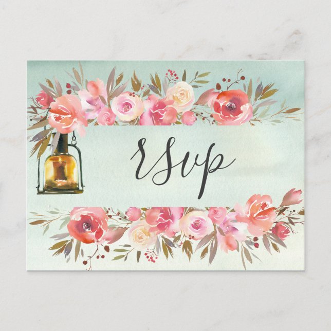 Rustika gröna akvarell blomlyktor bröllop inbjudan vykort (Framsida)