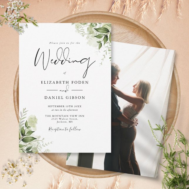 Rustika Gröna blad Elegant Foto Bröllop Inbjudningar (Rustic Greenery Leaves Elegant Photo Wedding Invitation)