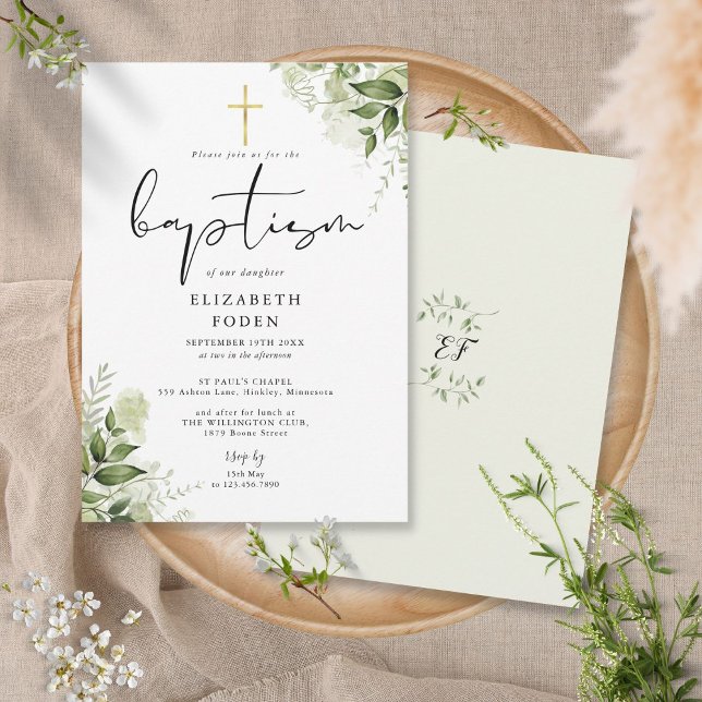 Rustika gröna blad Elegant monogram Dop Inbjudningar (Skapare uppladdad)