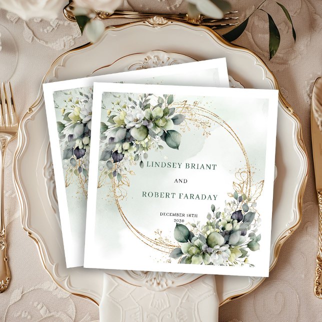 Rustika gröna och gyllene blommande bröllopsservet pappersservett (Rustic Green and Gold Floral Wedding Napkins)