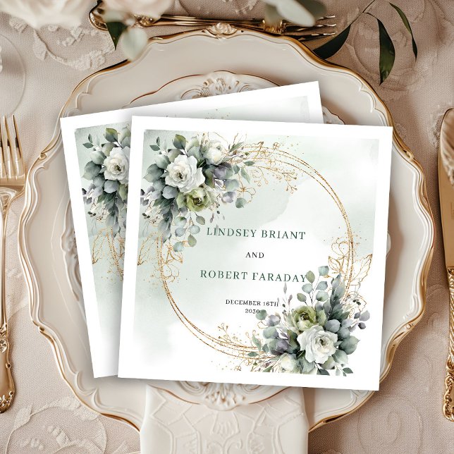 Rustika gröna och vita blomsterbröllopservetter pappersservett (Rustic Green and White Floral Wedding Napkins)