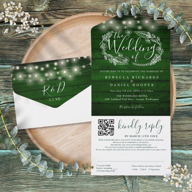 Rustika Gröna Strängljus QR-kod Bröllop (Rustic Emerald Green String Lights QR Code Wedding All In One Invitation)