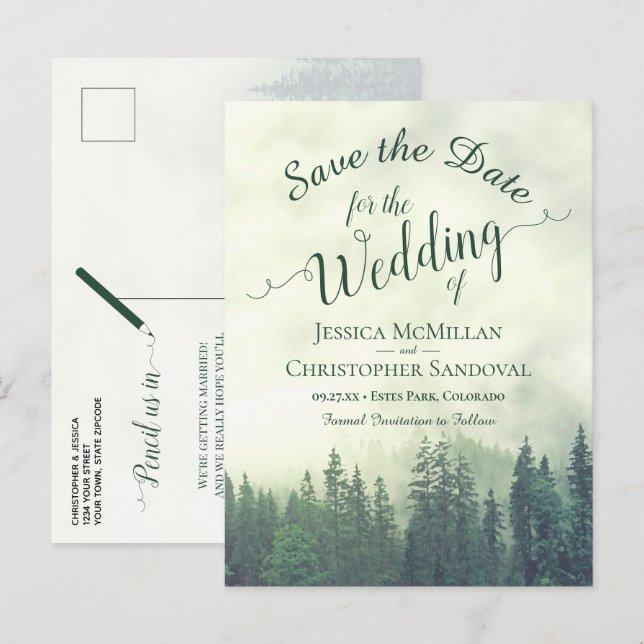 Rustika gröna tallar bröllop Save the Date Meddelande Vykort (Fram/baksida)
