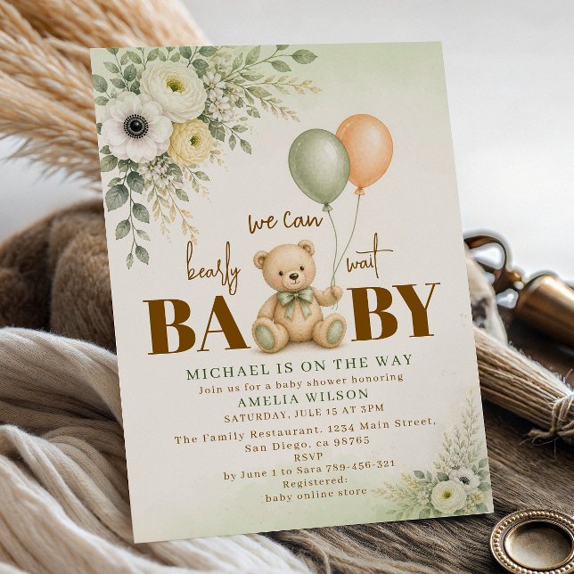 Rustika gröna teddybjörnballonger Baby Shower Inbjudningar (Skapare uppladdad)