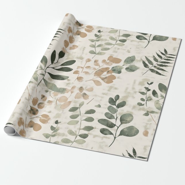 Rustika Guldbruna och Gröna Blad på Krämfärgad Bak Presentpapper (Utrullad)