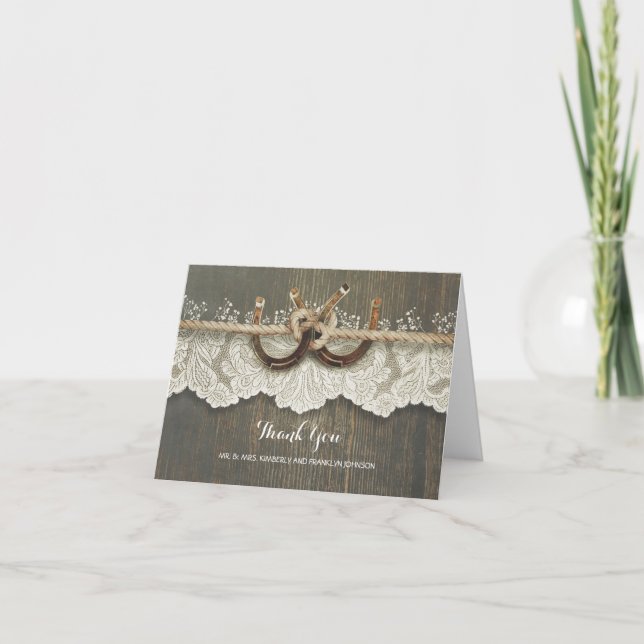 Rustika Hästskor Slinga Trä Bröllop Tack Kort (Framsida)