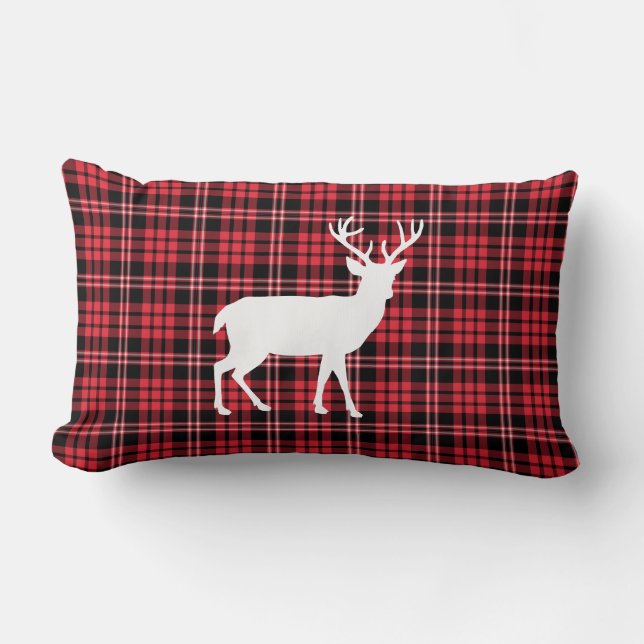 Rustika Hjort Röda Och Svarta Plaid Mönster Lumbarkudde (Framsida)