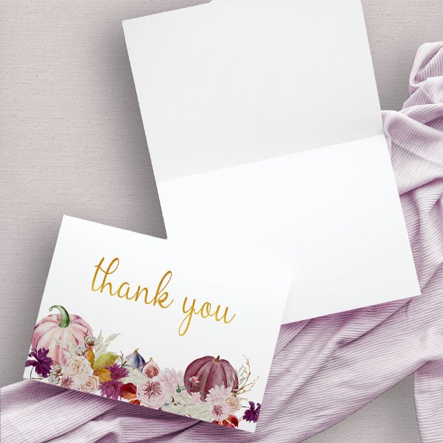 Rustika höstblommor av pumpor i guld kalligrafi tack kort (Purple and Gold rustic pumpkin thank you card)