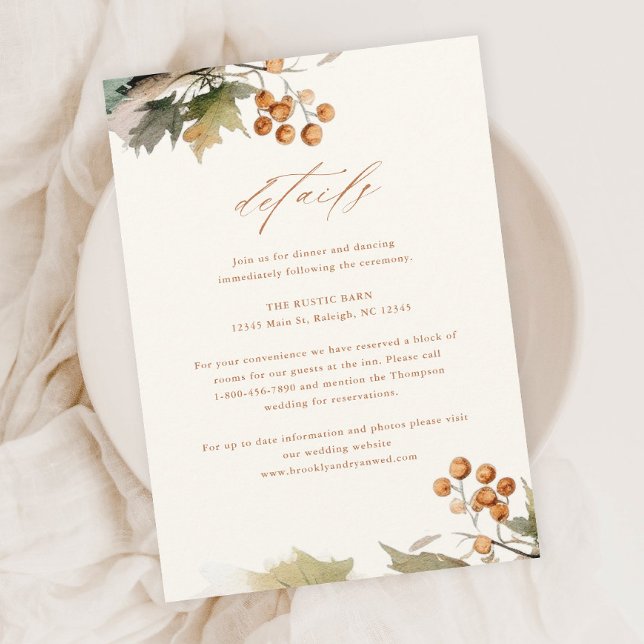 Rustika höstlöv blad Bröllopsdetalj Tilläggskort (A Rustic Wedding Details Enclosure Card with Elegant Watercolor Autumn Greenery Leaves and Foliage.)