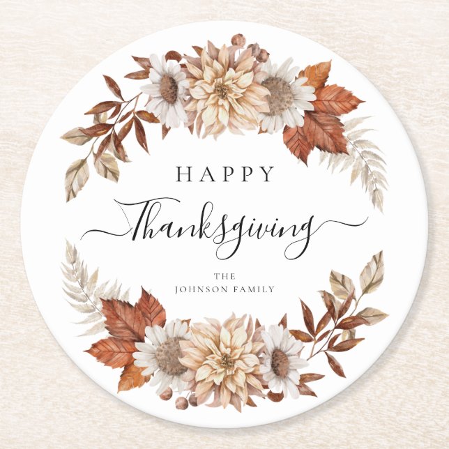 Rustika Höstlöv Glad Thanksgiving Underlägg Papper Rund (Framsidan)