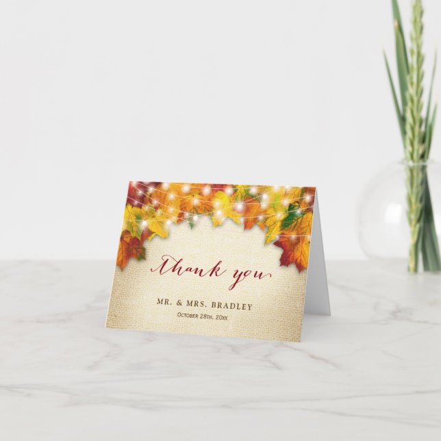 Rustika Höstlöv Strängljus Burlap Tack Kort (Framsida)