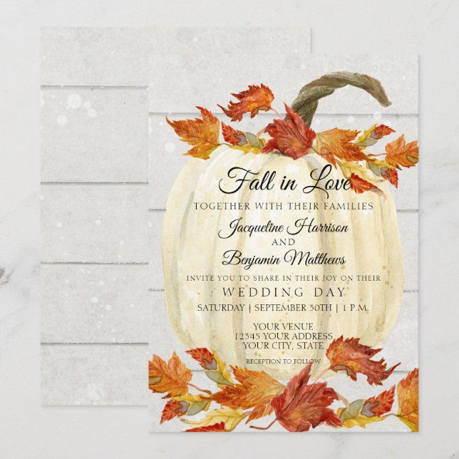Rustika höstlövmönster med pumpa i vattenfärg på v inbjudningar (Fram/baksida)