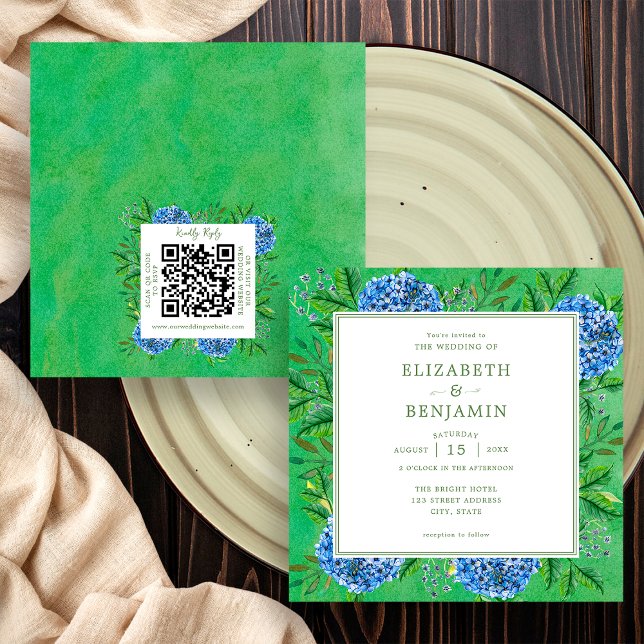 Rustika Hydrangea Bröllopsinbjudan Med QR-kod Inbjudningar (Front / Back)