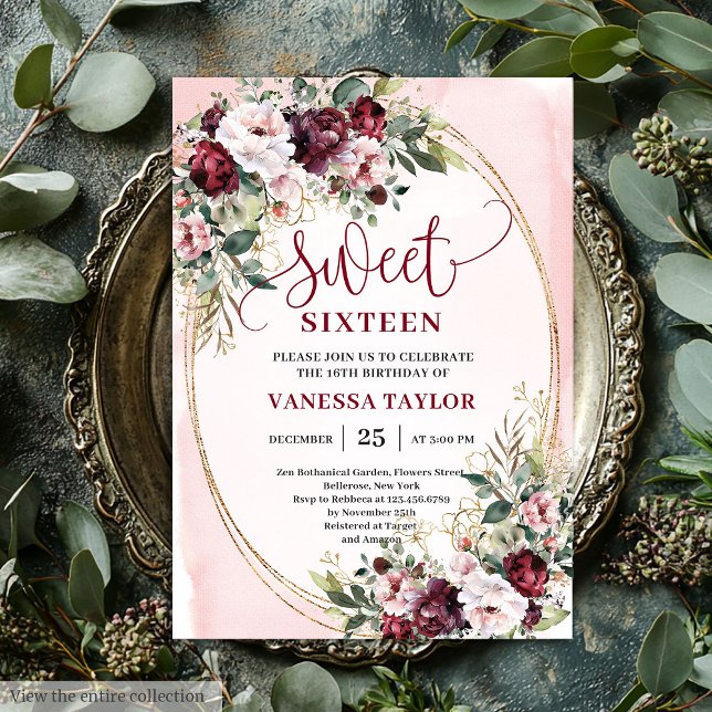 Rustika Inbjudningar i Blush Burgundy och Guld til (Rustic Blush Burgundy Gold Sweet Sixteen Invitation

)