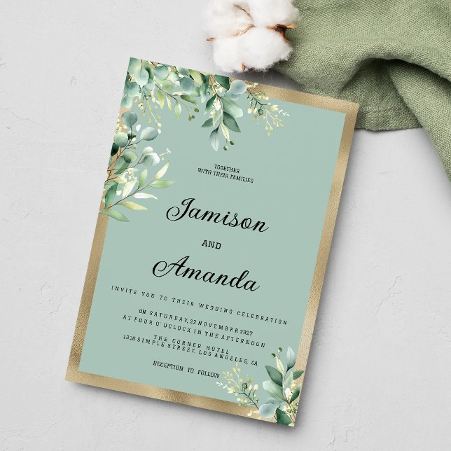 Rustika inbjudningar med mynta guld eukalyptus oli (Rustic mint gold eucalyptus olive leaves Wedding )
