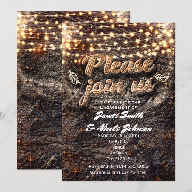 Rustika inbjudningskort med barkträ och gnistrande (Fram/baksida)