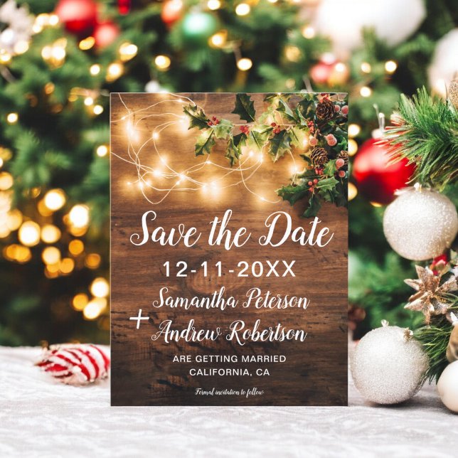 Rustika julbelysning misteltoe spara datum meddelande vykort (Rustic Christmas lights mistletoe save the date Announcement Postcard)