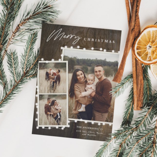 Rustika julbelysningar 3 Foto Collage Högtid (Rustic Christmas Fairy Lights 3 Photo Collage Holiday Card with Wood Background)