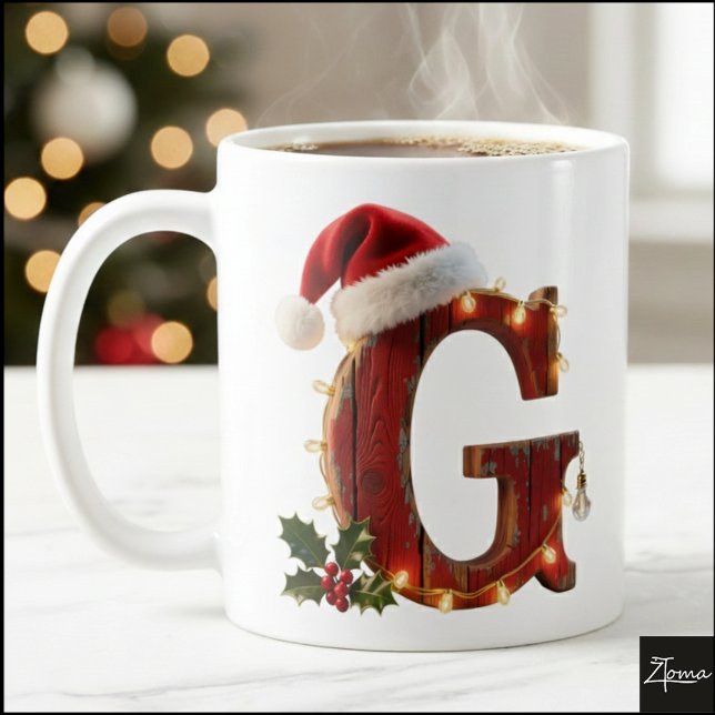 Rustika julbokstav G strängljus i trä Kaffemugg (Skapare uppladdad)