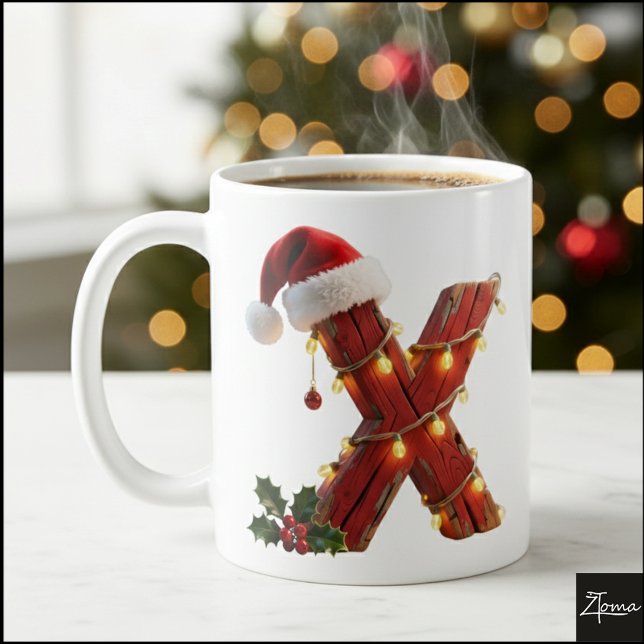 Rustika julbokstav X Strängljus i trä Kaffemugg (Skapare uppladdad)