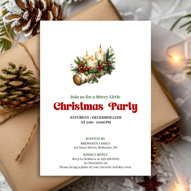 Rustika julgransljus Julinbjudan Anpassad Inbjudningar (Rustic Holly Berry Candles Christmas Invite Custom)