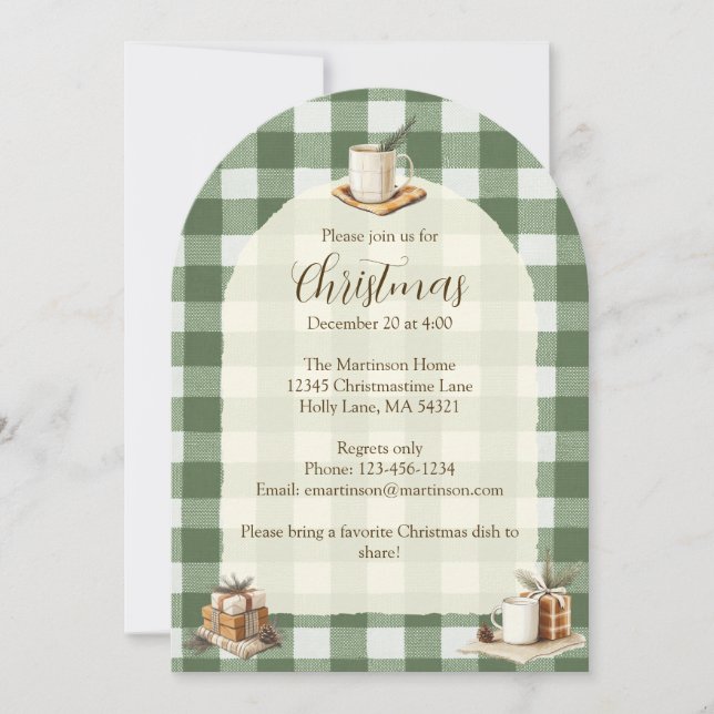 Rustika julpresentkoppar Grön Gingham-båge Inbjudningar (Framsida)