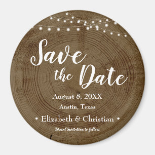 Rustika kedjor av lampor Trädbark Save the date Magnet