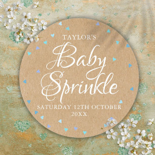 Rustika Kraft Blå Hjärtan Baby Shower Strössel Runt Klistermärke