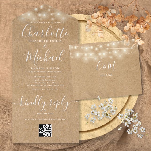 Rustika Kraft Strängljus QR-kod Bröllop (Rustic Kraft String Lights QR Code Wedding All In One Invitation)