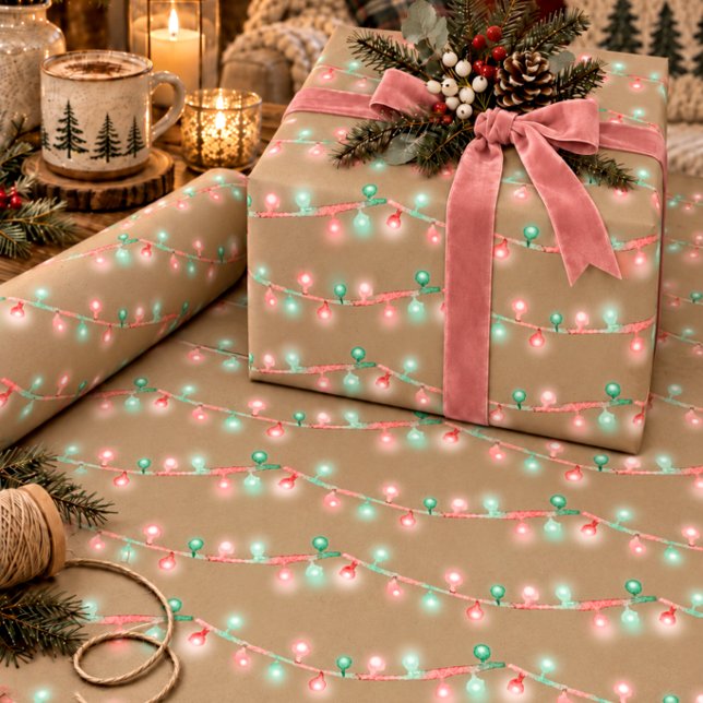 Rustika Kraft Vattenfärg Jul Strängljus Presentpapper (Skapare uppladdad)